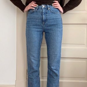Topshop Moto raw hem, mid-blue mom jeans